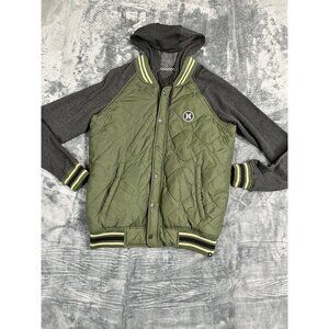 Hurley Mens Green Quilted Hooded Jacket With Gray Sleeves Medium